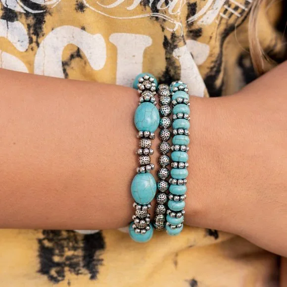 Paparazzi 5 Piece Blue Turquoise Crackle Stone Necklace/Ring/Bracelet/ 2 Earring - Picture 3 of 4